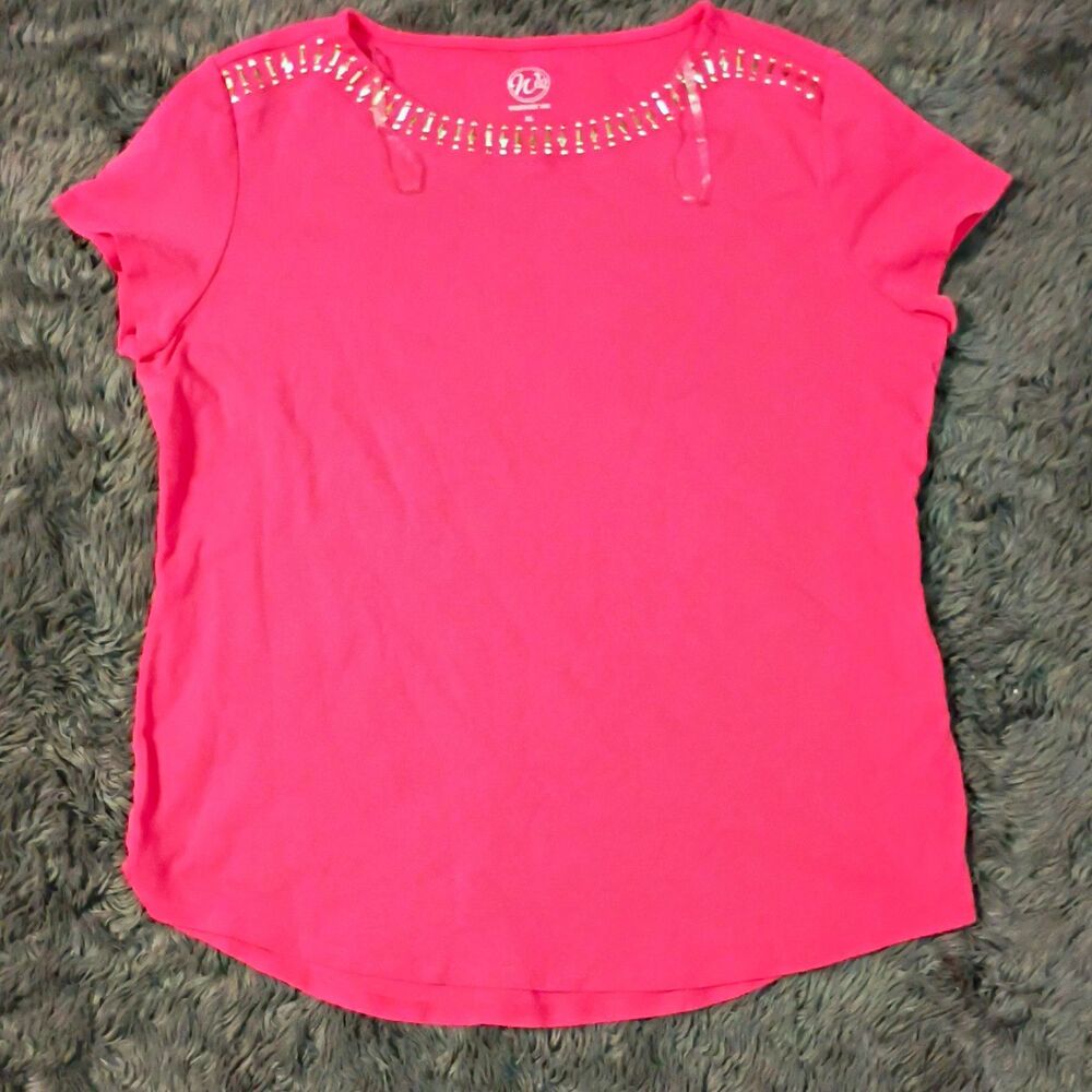 Westport 1962 Pink Solid Studded Crew Neck Short Sleeve T-Shirt Top XL